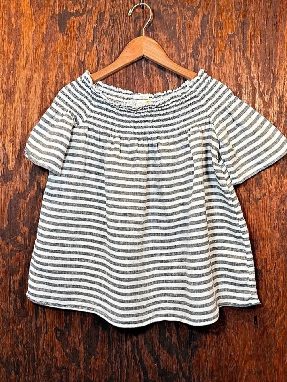 C&C California Linen Striped Smocked Off Shoulder Top S